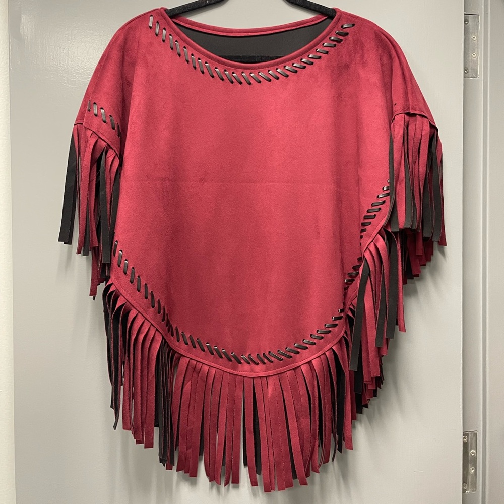Faux Suede Fringe Poncho Red and Black One Size. New Condition